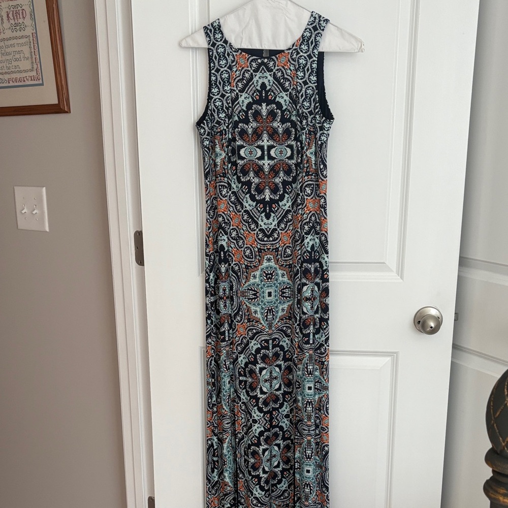 London Times Sleeveless Maxi Dress in Blue and Orange Pattern